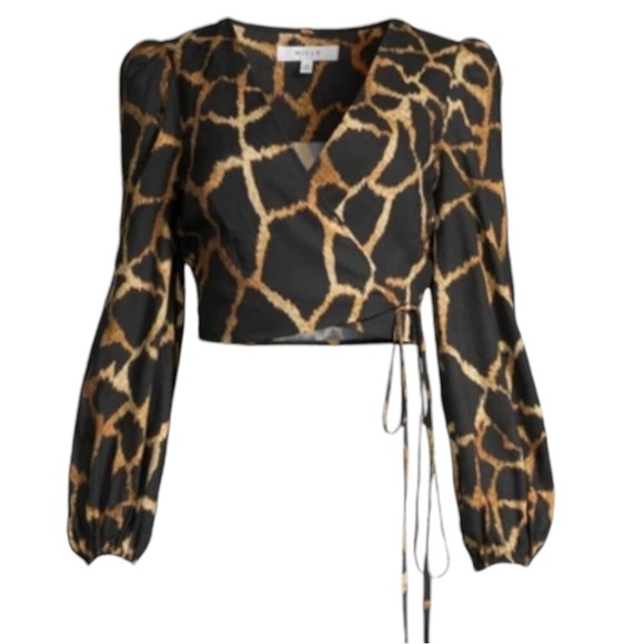 MILLY Wynona Giraffe Printed Wrap Tie Waist Puff Sleeve Cropped Linen Blouse - S - Picture 5 of 16